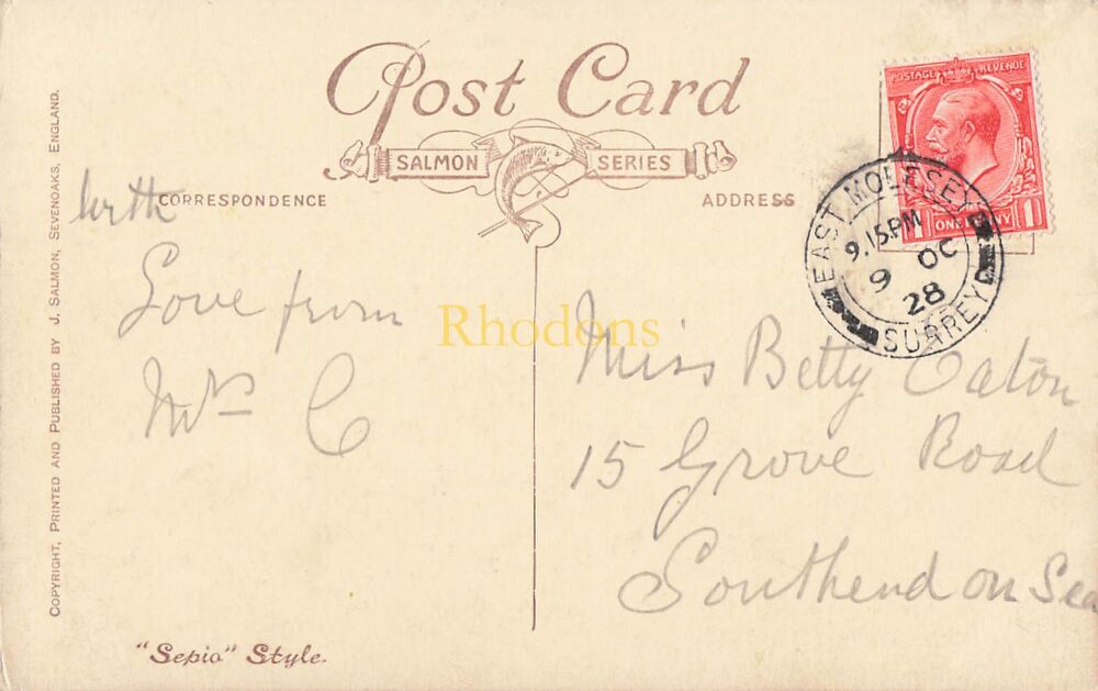 Surrey Postcard-Hampton Court, East Front & Fives Court-Salmon Sepia Style PC | Miss Betty EATON, Southend on Sea, 1928