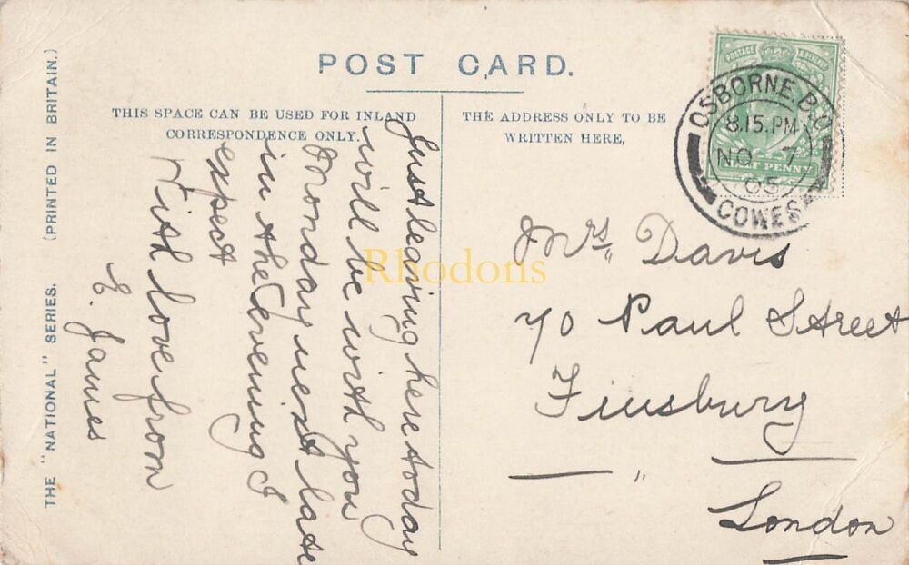 Isle of Wight Postcard-The Old Church, East Cowes IOW-Early 20thC National Series | Mrs DAVIS Finsbury, London 1905