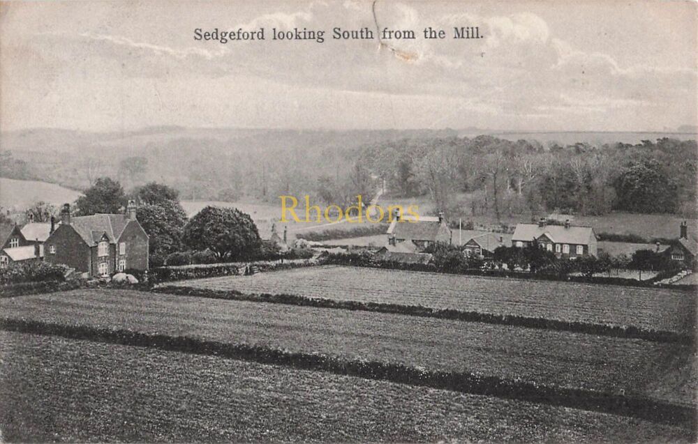 Genealogy Postcard-Mrs W TAYLOR, Burnham Market 1911 | Sedgeford Looking South From The Mill | Brancaster Button Postmark