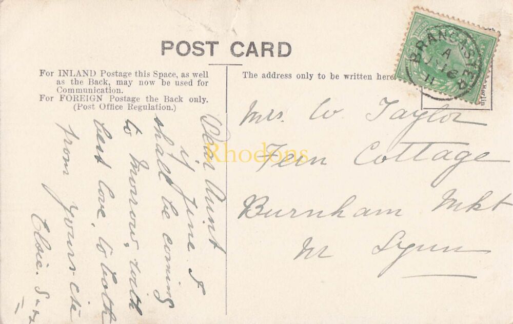 Genealogy Postcard-Mrs W TAYLOR, Burnham Market 1911 | Sedgeford Looking South From The Mill | Brancaster Button Postmark
