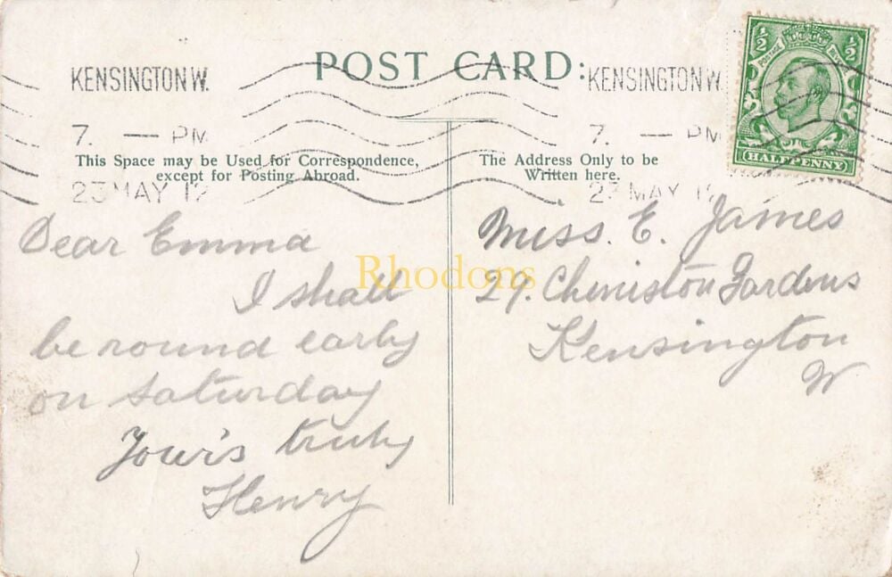 Genealogy Postcard-Miss Emma JAMES, Cheniston Gardens, Kensington, May 1912 | Brompton Oratory, London