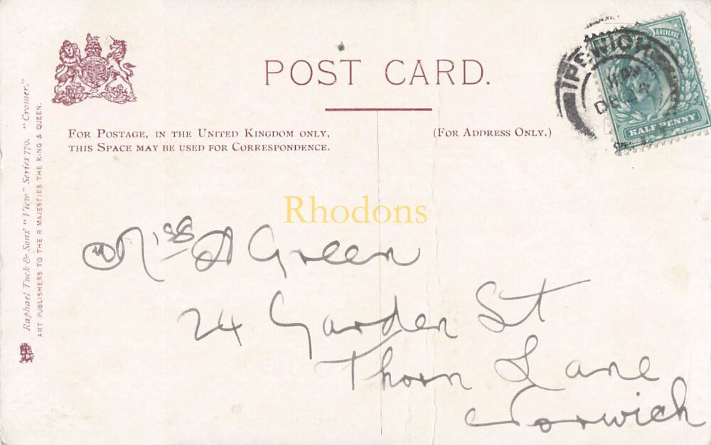 Norfolk Postcard-The Garden of Sleep, Cromer-Tucks Victor Series 770 | Genealogy Interest-Miss A GREEN, Norwich