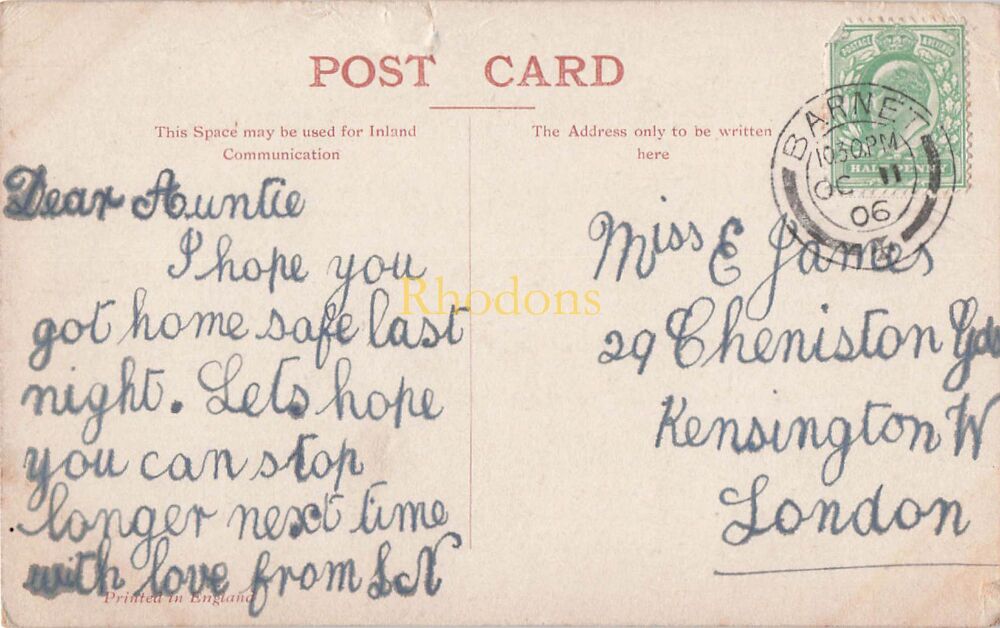 Genealogy Postcard-Miss E JAMES, Cheniston Gardens Kensington W London 1906 | North Mimms Church