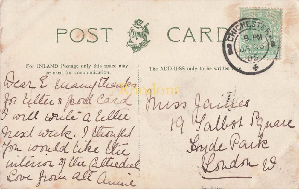 Genealogy Postcard-Family History-Miss JAMES, Talbot Square, London, 1905 | Chichester Cathedral Interior