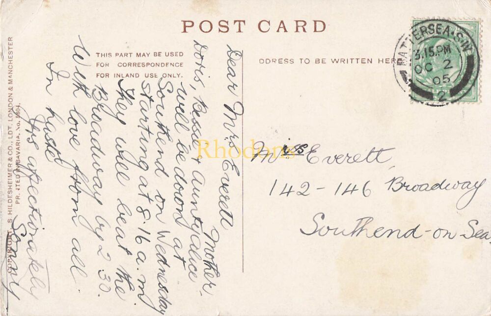 Genealogy Postcard-Family History-Miss EVERETT, Broadway, Southend on Sea, Essex 1905 | Hildersheimer Art PC