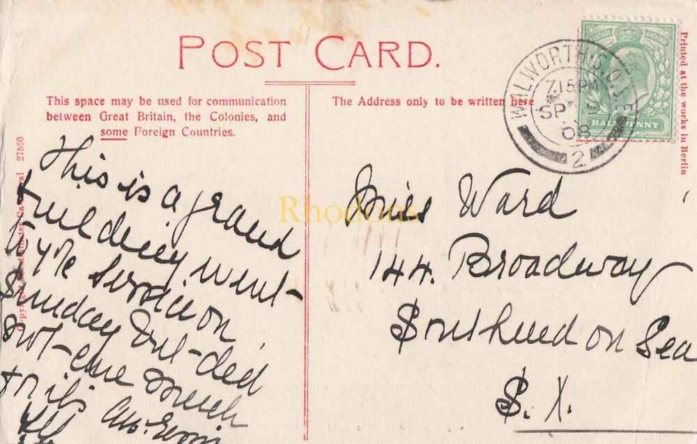 Genealogy Postcard-Family History-Miss WARD, Broadway, Southend on Sea, Essex 1908 | Westminster Cathederal, Sanctuary & Baldacchino