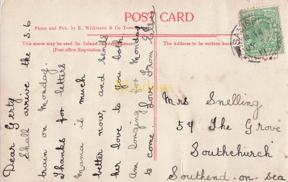 Genealogy Postcard-Family History-Mrs SNELLING, The Grove, Southend on Sea, Essex, 1911 | Salisbury Cathedral, Wiltshire