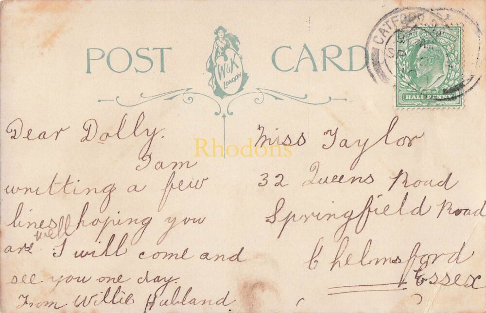 Genealogy Postcard-Family History-Miss Dolly TAYLOR, Queens Road, Chelmsford Essex, 1910 | W & K London PC