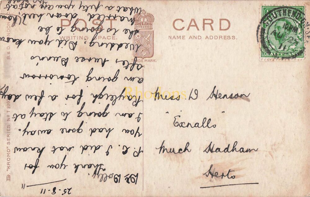 Genealogy Postcard-Family History-Miss D HENSON. Exnalls, Much Hadham,Herts, August 1911 | B&D Kromo Series PC