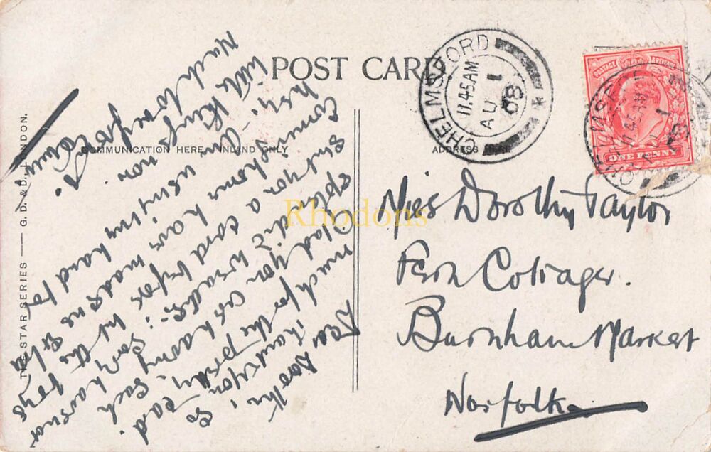 Genealogy Postcard-Family History-Miss D TAYLOR, Burnham Market, Norfolk, 1908 | G D & D J Star Series Art PC