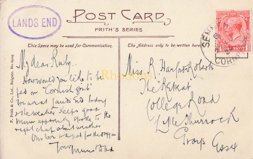 Genealogy Postcard-Family History-Miss R HARFORD-ROBERTS, Little Thurrock, Grays, Essex 1924 | Friths PC, Lands End