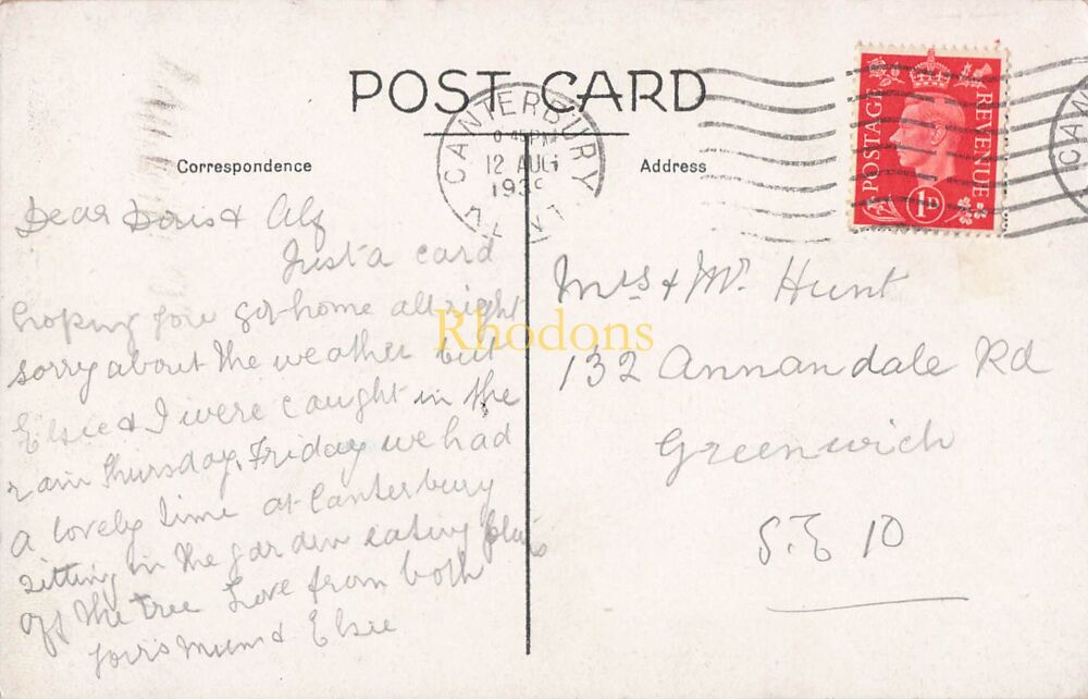 Genealogy Postcard-Family History-Mr & Mrs HUNT, Annandale Road, Greenwich, London SE10, 1939 | St Nicholas Church Interior, Ash, Kent