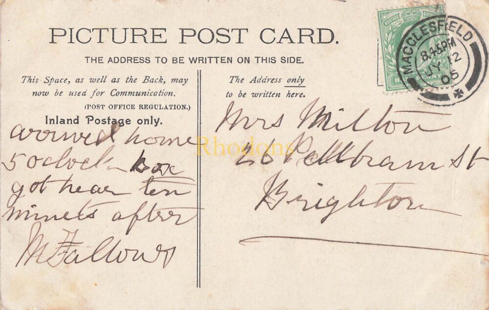 Genealogy Postcard-Mrs MILTON, Pelham Street, Brighton, July 1905 | Macclesfield- St Michaels Parish Church