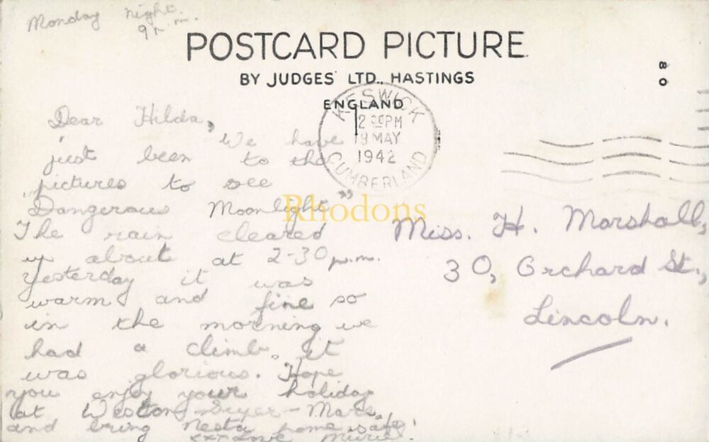 Genealogy Postcard-Miss H MARSHALL, Orchard Street, Lincoln, 1942 | Lodore Falls Cumbria, Judges PC