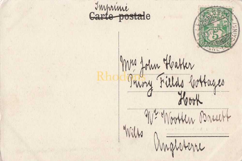 Genealogy Postcard-Mrs John HEATHER, Hook, Near Wootton Bassett, Wilts, 1907 | Loueche Les Bains, Switzerland Photo PC