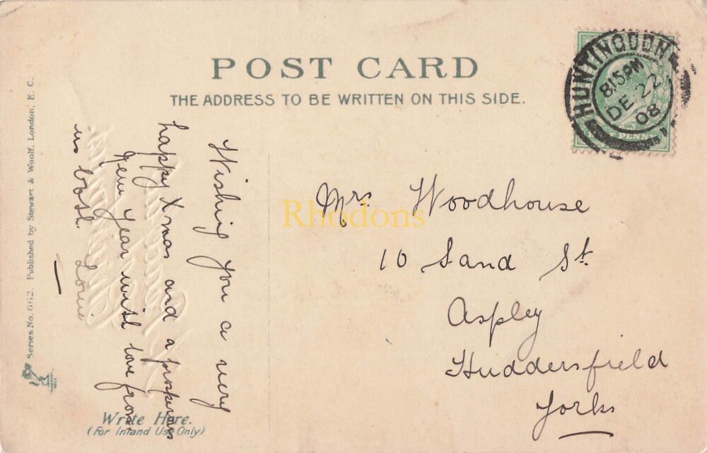 Genealogy Postcard-Mrs WOODHOUSE, Aspley, Huddersfield, 1908 | Edwardian Christmas Greetings PC, Stewart & Woolf