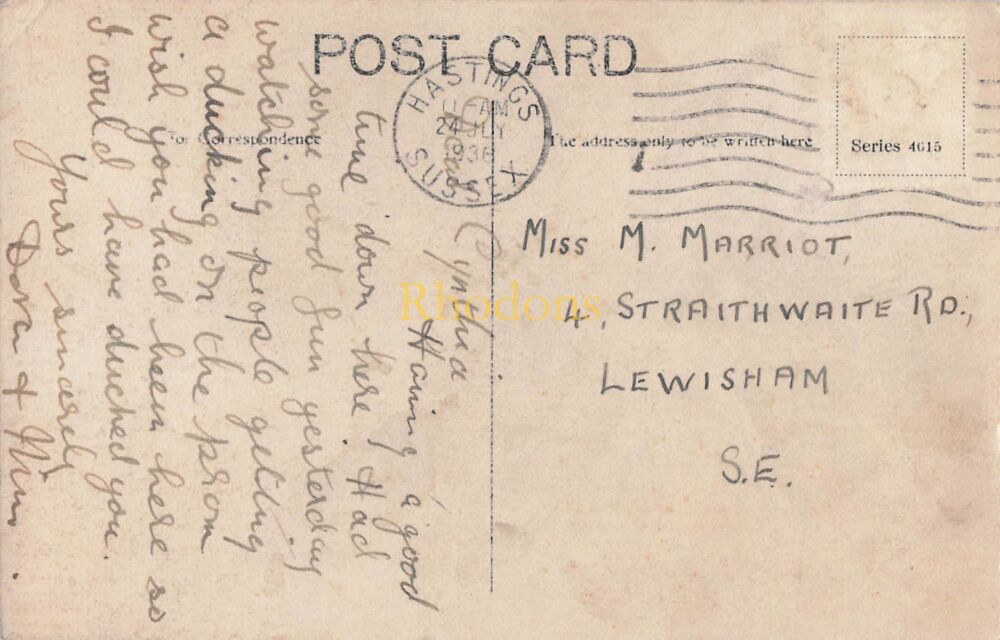 Genealogy Postcard-Miss M MARRIOT, Lewisham SE London, 1936 | Ecclesbourne Glen, Hastings, Sussex PC