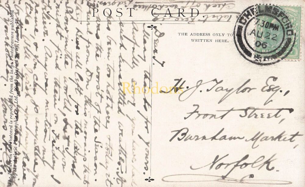 Genealogy Postcard-Mr H J TAYLOR, Burnham Market, Norfolk, 1906 | Artistic Photographic Co London Art PC