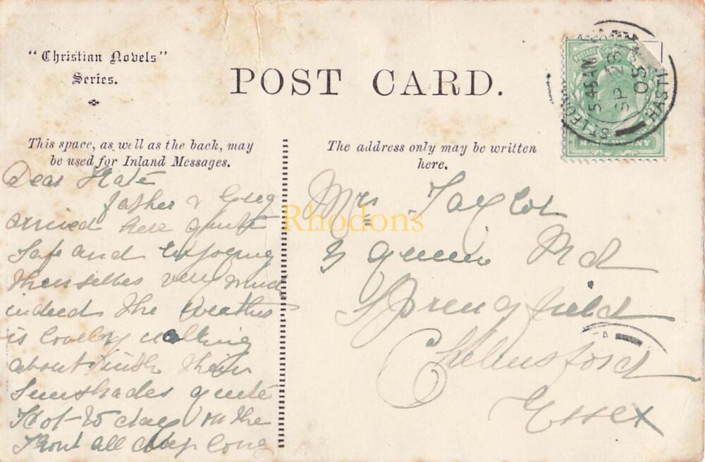 Genealogy Postcard-Mrs Kate TAYLOR, Queens Road, Chelmsford, Essex 1908 | St Pauls Cathedral, Christian Novels Series PC