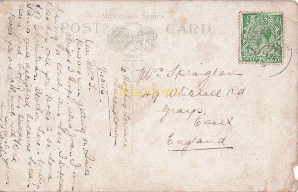 Genealogy Postcard-Mrs SPRINGHAM, Whitehall Road, Grays Essex, October 1916 | St Colmans Cathedral, Queenstown, Valentines PC