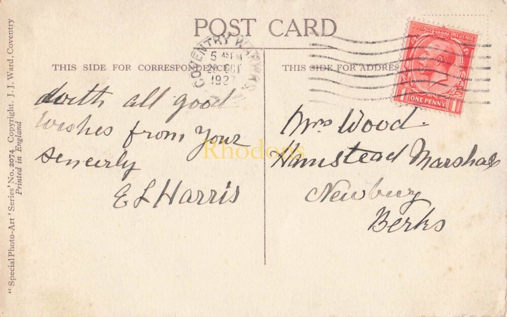 Genealogy Postcard-Mrs WOOD, Hamstead Marshal Newbury Berkshire 1927 | War Memorial Coventry, J J Ward PC