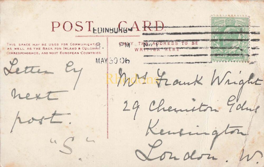 Genealogy Postcard-Mrs Frank WRIGHT, Cheniston Gardens Kensington London, May 1906 | View of Hopefield House, Unknown Location Scotland