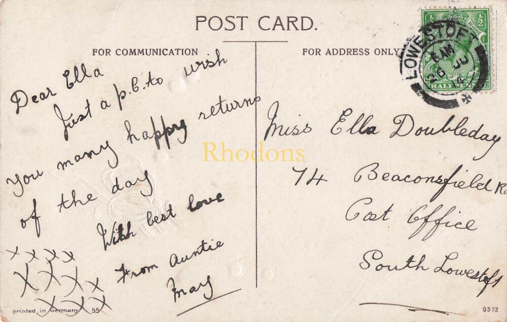 Genealogy Postcard-Miss Ella DOUBLEDAY Beaconsfield Road South Lowestoft 1914 | Greetings Card To My Neice