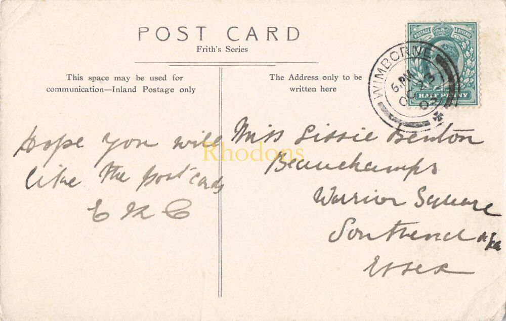 Genealogy Postcard-Miss Lizzie BENTON Warrior Square Southendon Sea Essex 1903 | Wimborne Minster PC