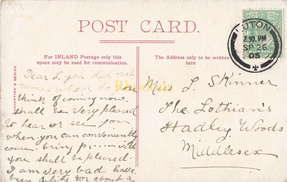 Genealogy Postcard-Miss L SKINNER The Lothians Hadley Woods, Middlesex, 1905