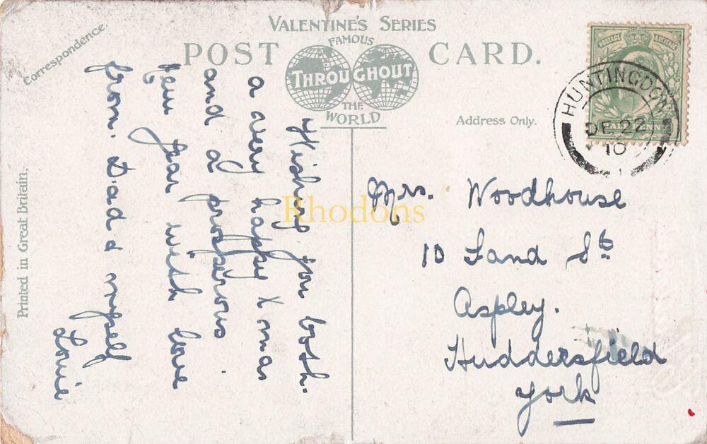 Genealogy Postcard-Mrs WOODHOUSE, Aspley, Huddersfield, 1908 | Edwardian Valentines Series Christmas Greetings PC