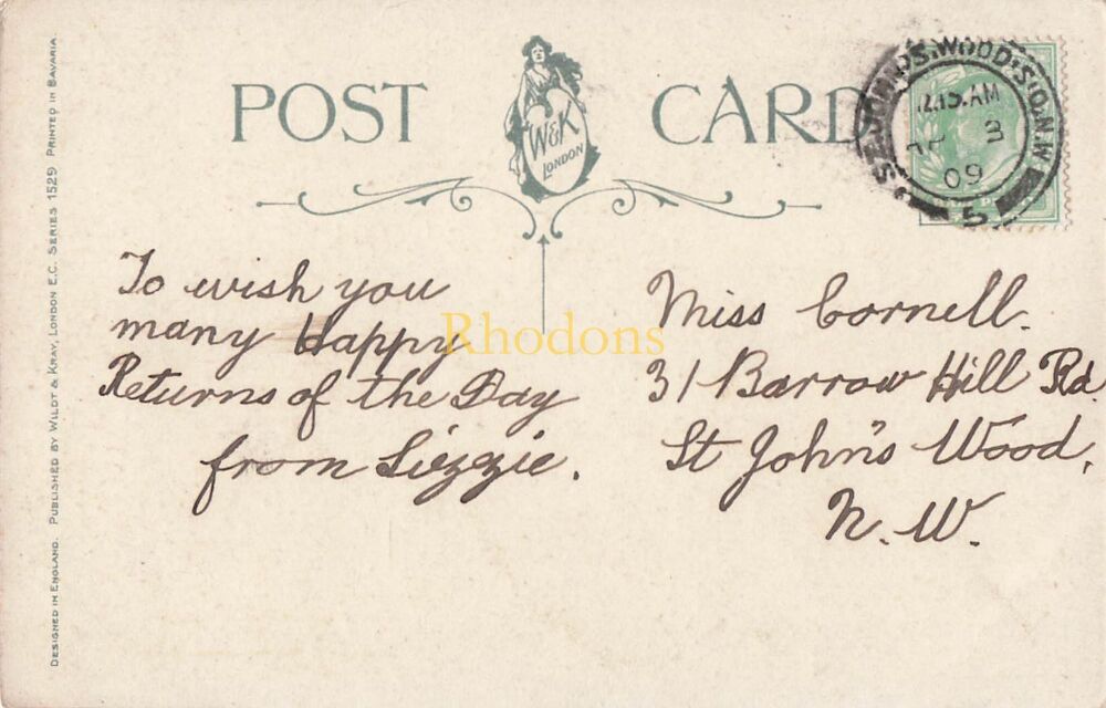 Genealogy Postcard-Miss CORNELL, St Johns Wood, London NW 1909 | Wildt & Kray Birthday Greetings PC