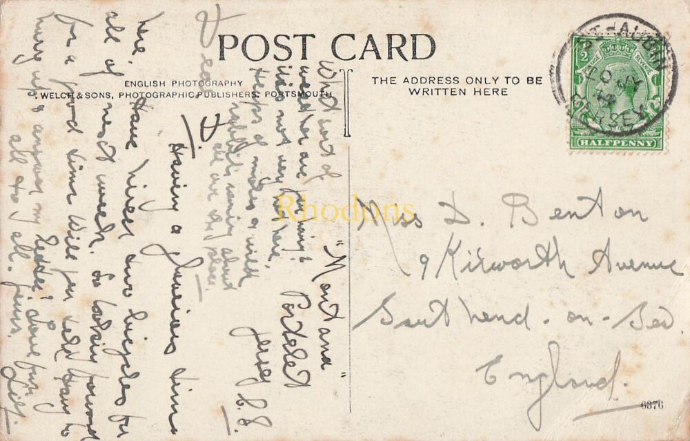 Genealogy Postcard-Miss D BENTON, Kilworth Avenue, Southend on Sea, Essex 1914 | Venus Bath Wolf Caves, Jersey PC