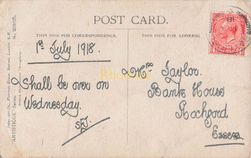 Genealogy Postcard-Mrs TAYLOR, Bank House, Rochford, Essex 1918 | Inter Art Co Artistique Series PC