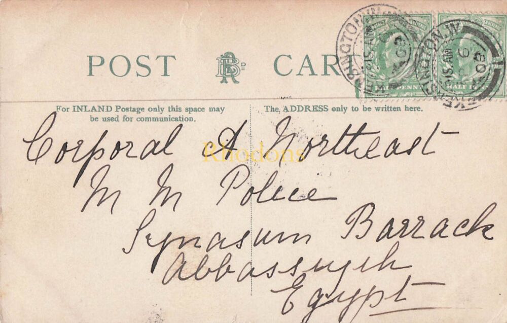 Genealogy Postcard-Corporal A NORTHEAST, M M Police, Gymnasium Barrack, Abbassia, Egypt 1908 | Swanbourne Lake and Castle Arundel PC
