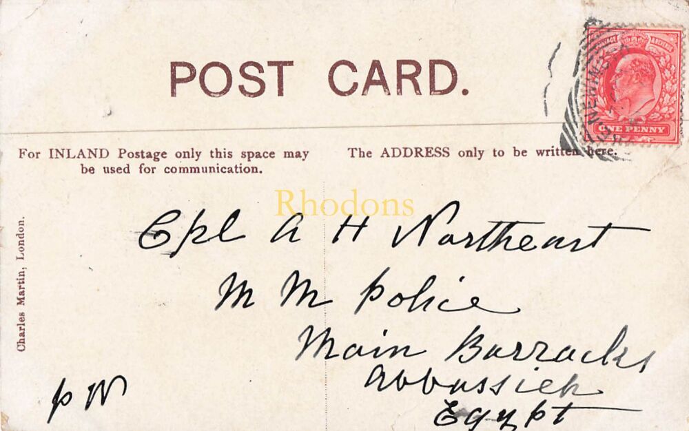 Genealogy Postcard-Corporal A NORTHEAST, M M Police, Main Barracks, Abbassia, Egypt 1905 | Clissold Park, Early 1900s Charles Martin PC