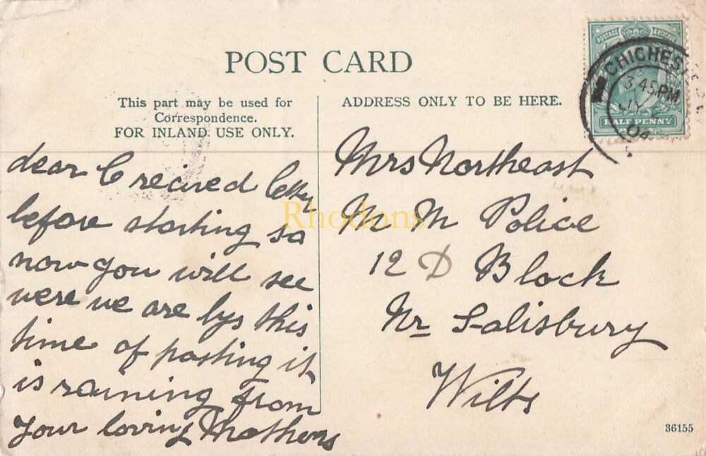 Genealogy Postcard-Mrs C NORTHEAST, M M Police, D Block Nr Salisbury, Wilts. 1904 | Chichester Market Cross-J W Moore PC