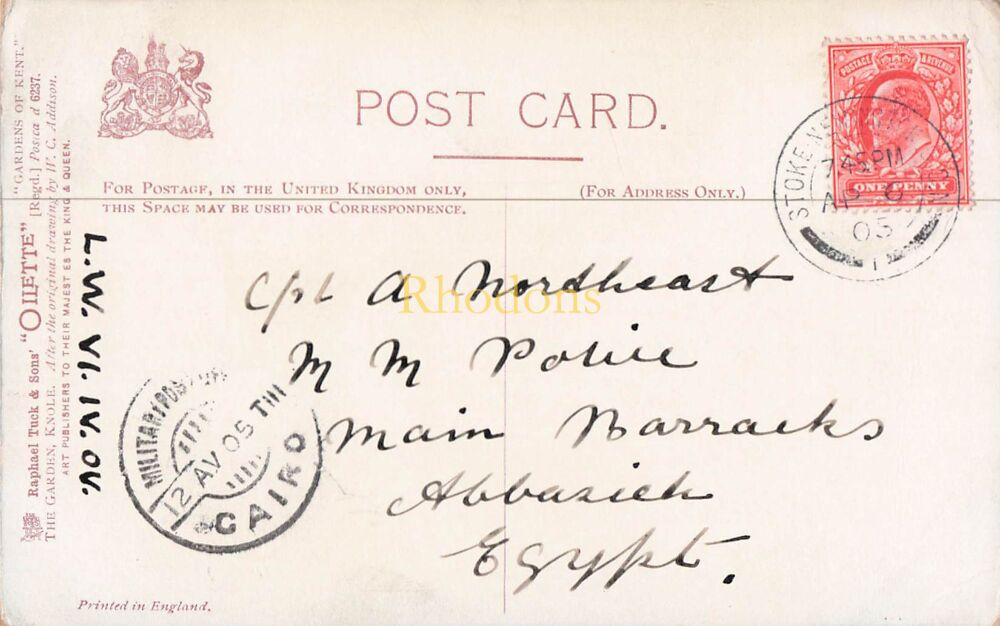 Genealogy Postcard-Cpl A NORTHEAST, M M Police, Main Barracks. Abbasich, Egypt 1905 | The Garden Knole, Tucks Oilette PC