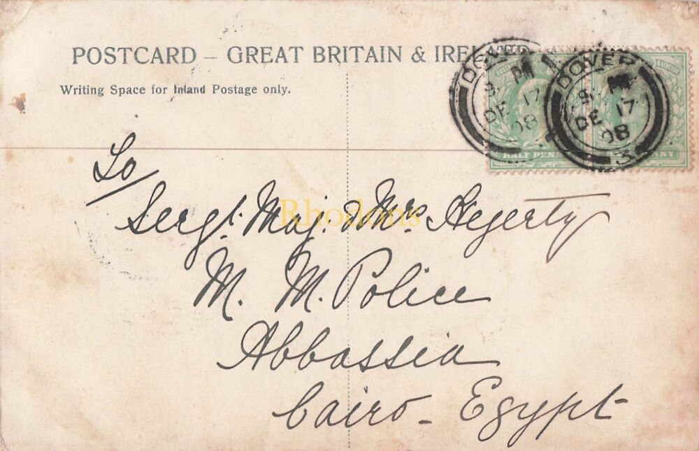 Genealogy Postcard-Sargeant Major & Mrs HEGERTY, M M Police, Abbassiyeh, Egypt 1908. Christmas Greetings From Mr & Mrs HIBBERD