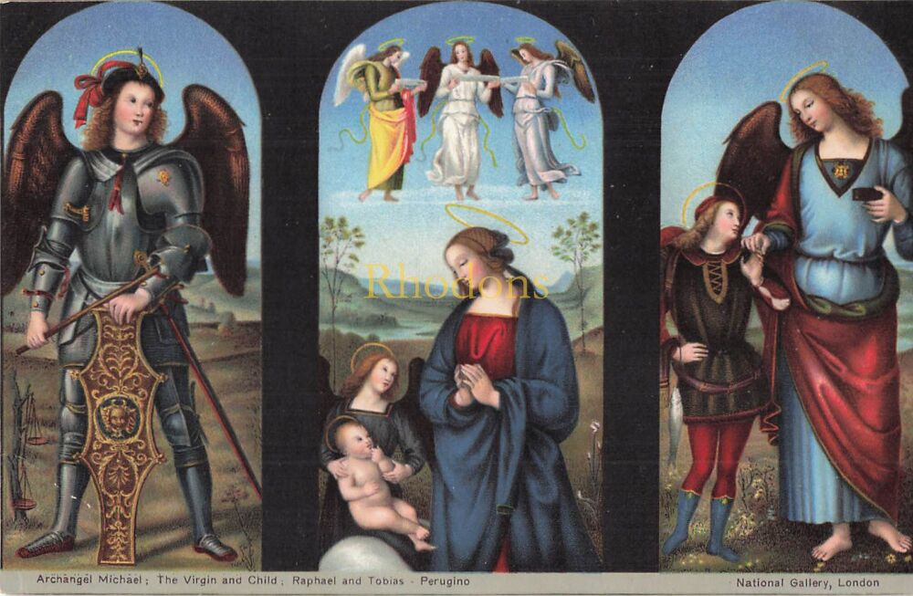 Art Postcard-Archangel Michael-The Virgin and Child-Raphael and Tobia Perugino. Vintage Misch & Stocks 'World Galleries' Series No 1061 (29952)