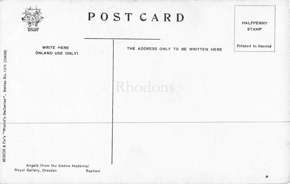 Art Postcard-Angels (From The Sistine Madonna), Raphael- Royal Gallery, Dresden. Vintage Misch & Co 'World Galleries' Series No 1076 (29699)