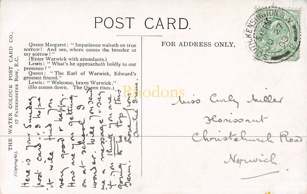 Warwick Pageant Postcard-The Visit of Warwick The King Maker-The Water Colour Post Card Co-Early 1900s | Miss Carly MILLER. Christchurch Road Norwich,