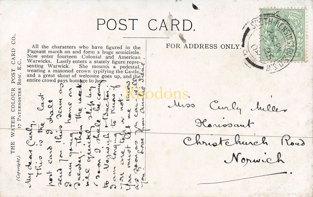 Warwick Pageant Postcard-The Centuries Pay Homage To Warwick and Her Daughters-The Water Colour Post Card Co-Early 1900s | Miss Carly MILLER. Christch