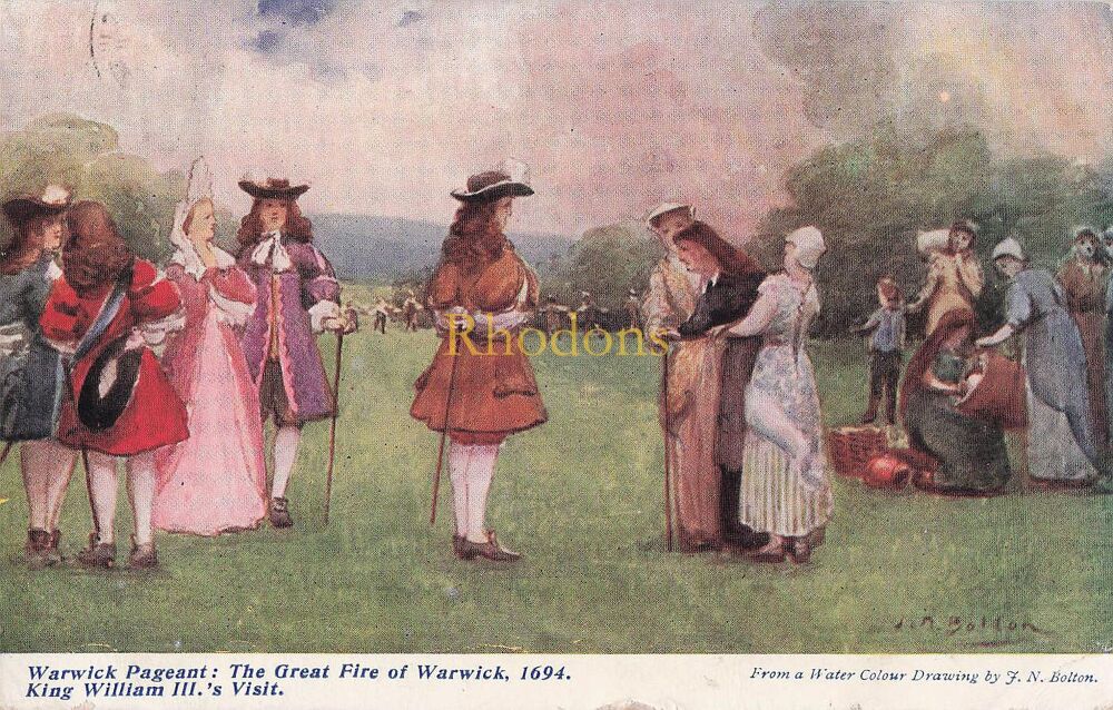 Warwick Pageant Postcard-The Great Fire of Warwick 1694, King William III Visit-The Water Colour Post Card Co-Early 1900s PC | Miss Carly MILLER. Chri