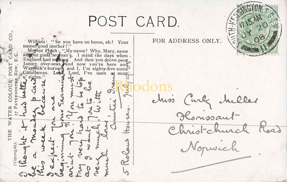 Warwick Pageant Postcard-The Great Fire of Warwick 1694, King William III Visit-The Water Colour Post Card Co-Early 1900s PC | Miss Carly MILLER. Chri