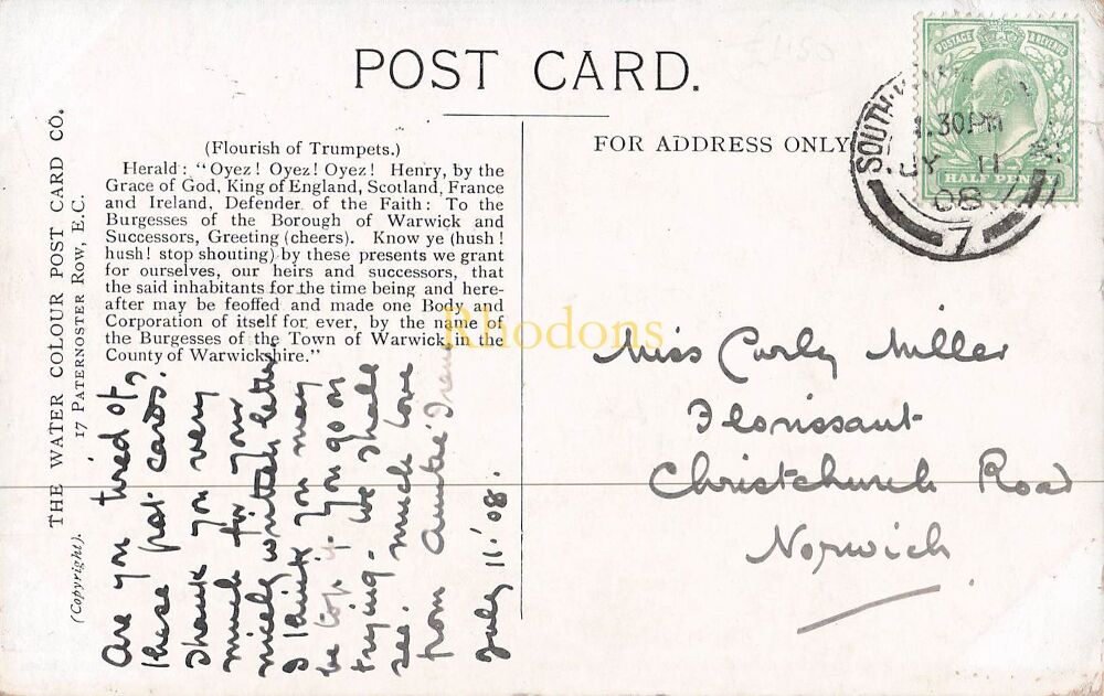 Warwick Pageant Postcard-Henry VIIIs Charter To Warwick-The Water Colour Post Card Co-Early 1900s PC | Miss Carly MILLER. Christchurch Road Norwich, 1