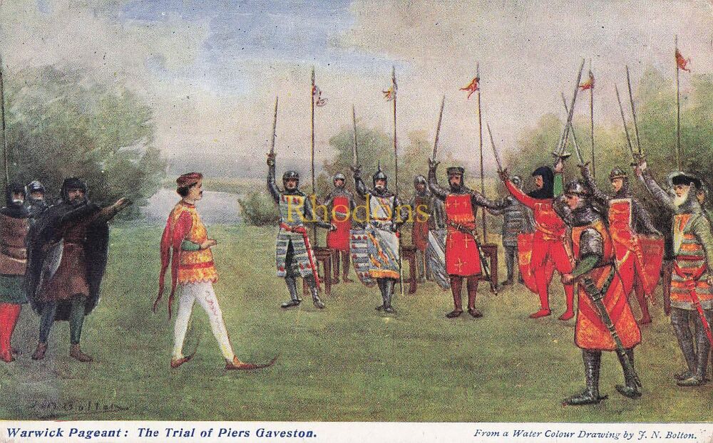 Warwick Pageant Postcard-The Trial of Piers Gaveston-The Water Colour Post Card Co-Early 1900s PC | Miss Carly MILLER. Christchurch Road Norwich, 1908