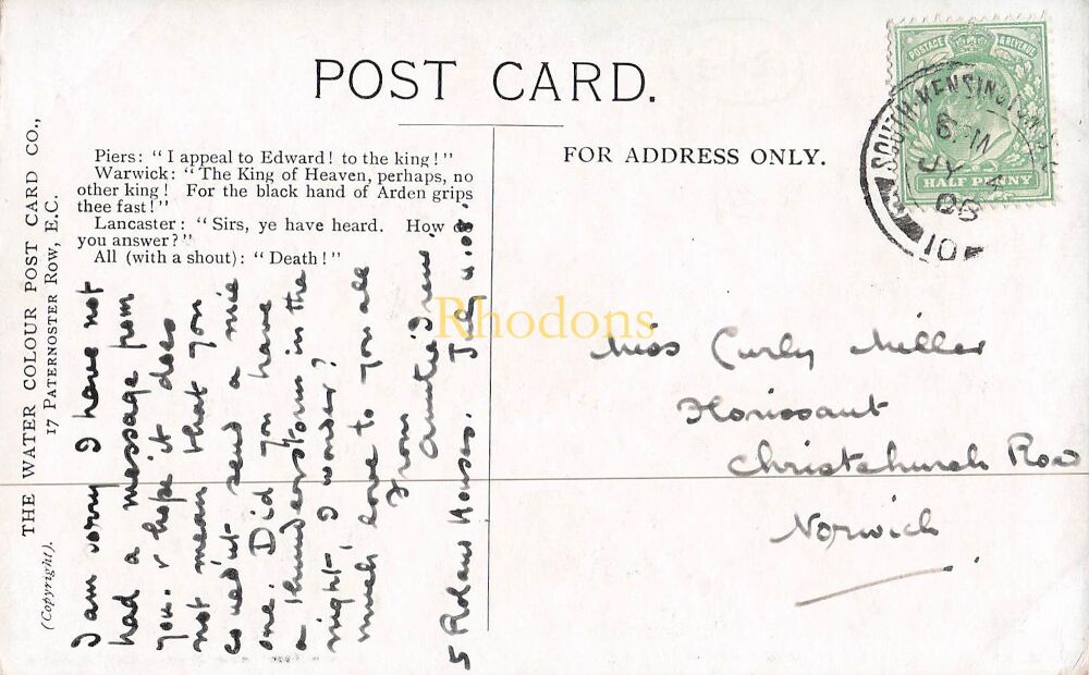 Warwick Pageant Postcard-The Trial of Piers Gaveston-The Water Colour Post Card Co-Early 1900s PC | Miss Carly MILLER. Christchurch Road Norwich, 1908