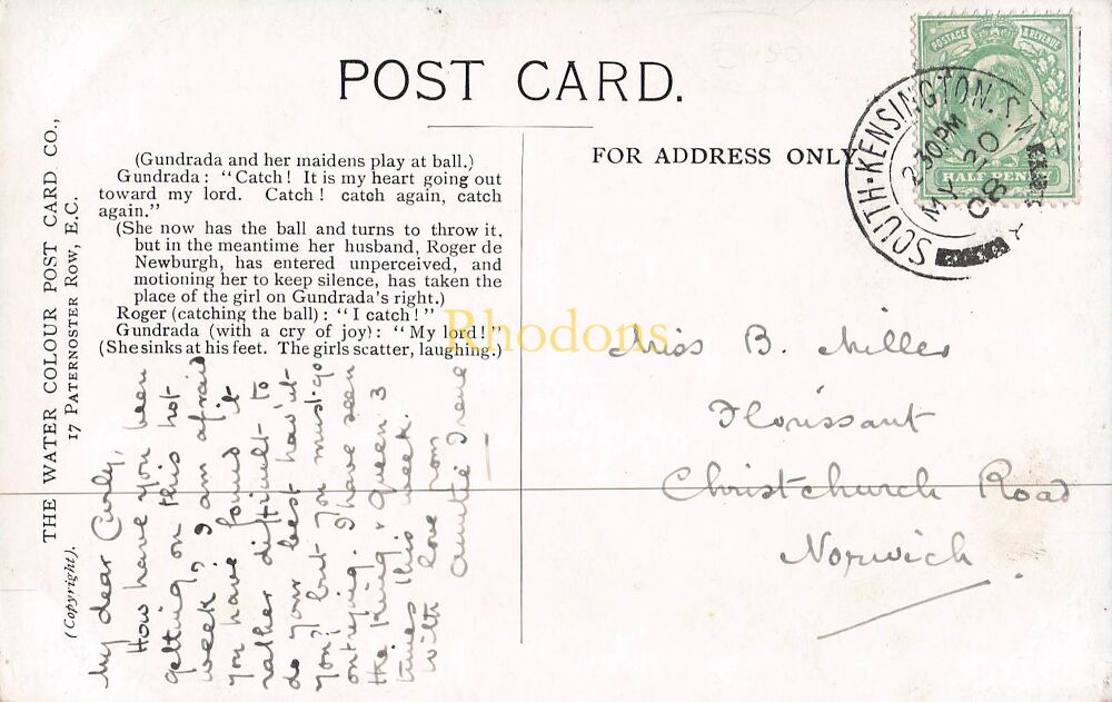 Warwick Pageant Postcard-Roger de Newburghs Return From The Holy Land-The Water Colour Post Card Co-Early 1900s PC | Miss B MILLER. Christchurch Road