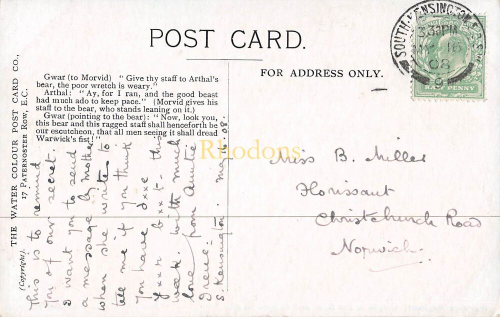 Warwick Pageant Postcard-Origin of The Bear and Ragged Staff-The Water Colour Post Card Co-Early 1900s PC | Miss B MILLER. Christchurch Road Norwich,