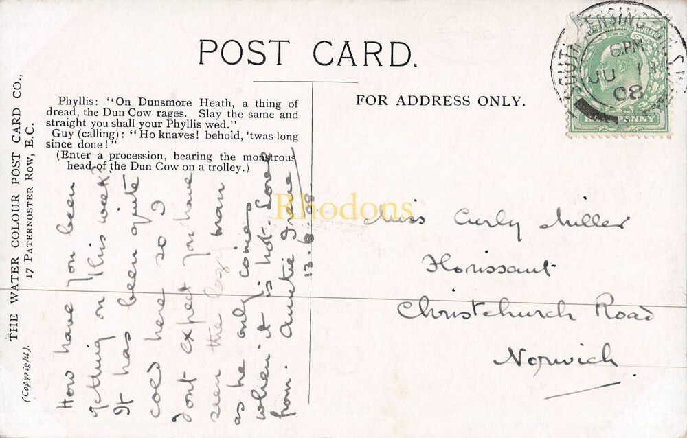 Warwick Pageant Postcard-Guys Trophy-The Water Colour Post Card Co-Early 1900s PC | Miss Carly MILLER. Christchurch Road Norwich, 1908